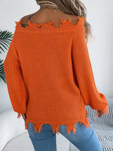Distressed Hem Openwork Off-Shoulder Sweater - Trendsi - Flyclothing LLC
