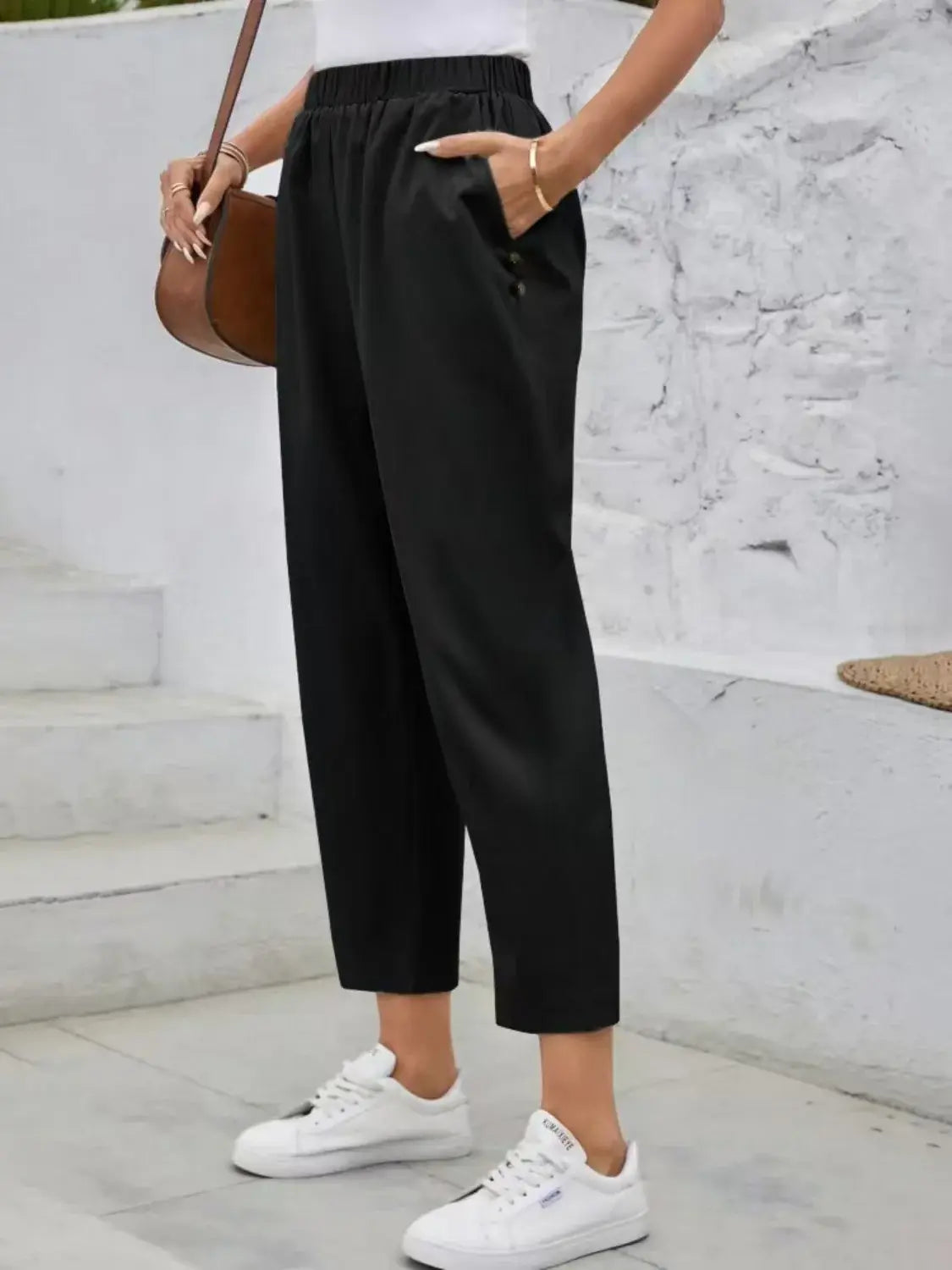 Elastic Waist High Rise Pants - Trendsi - Flyclothing LLC