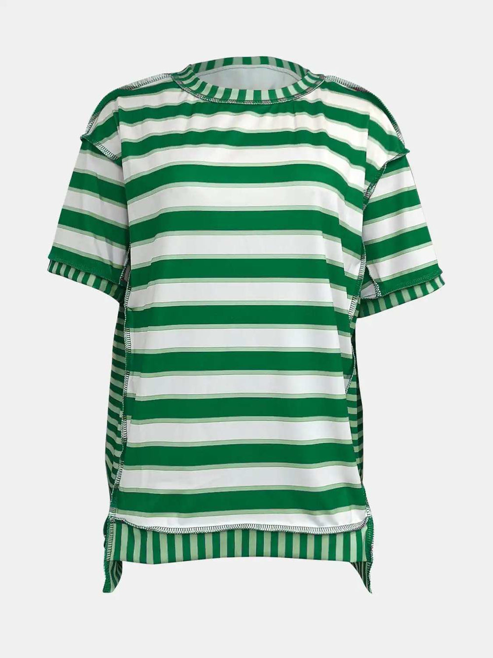 Full Size Contrast Stitching Striped Round Neck T-Shirt - Trendsi - Flyclothing LLC