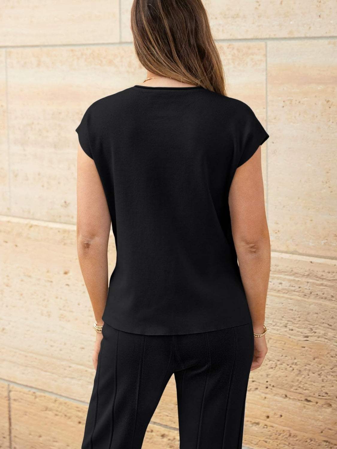 Round Neck Cap Sleeve Top and Pants Knit Set - Trendsi - Flyclothing LLC