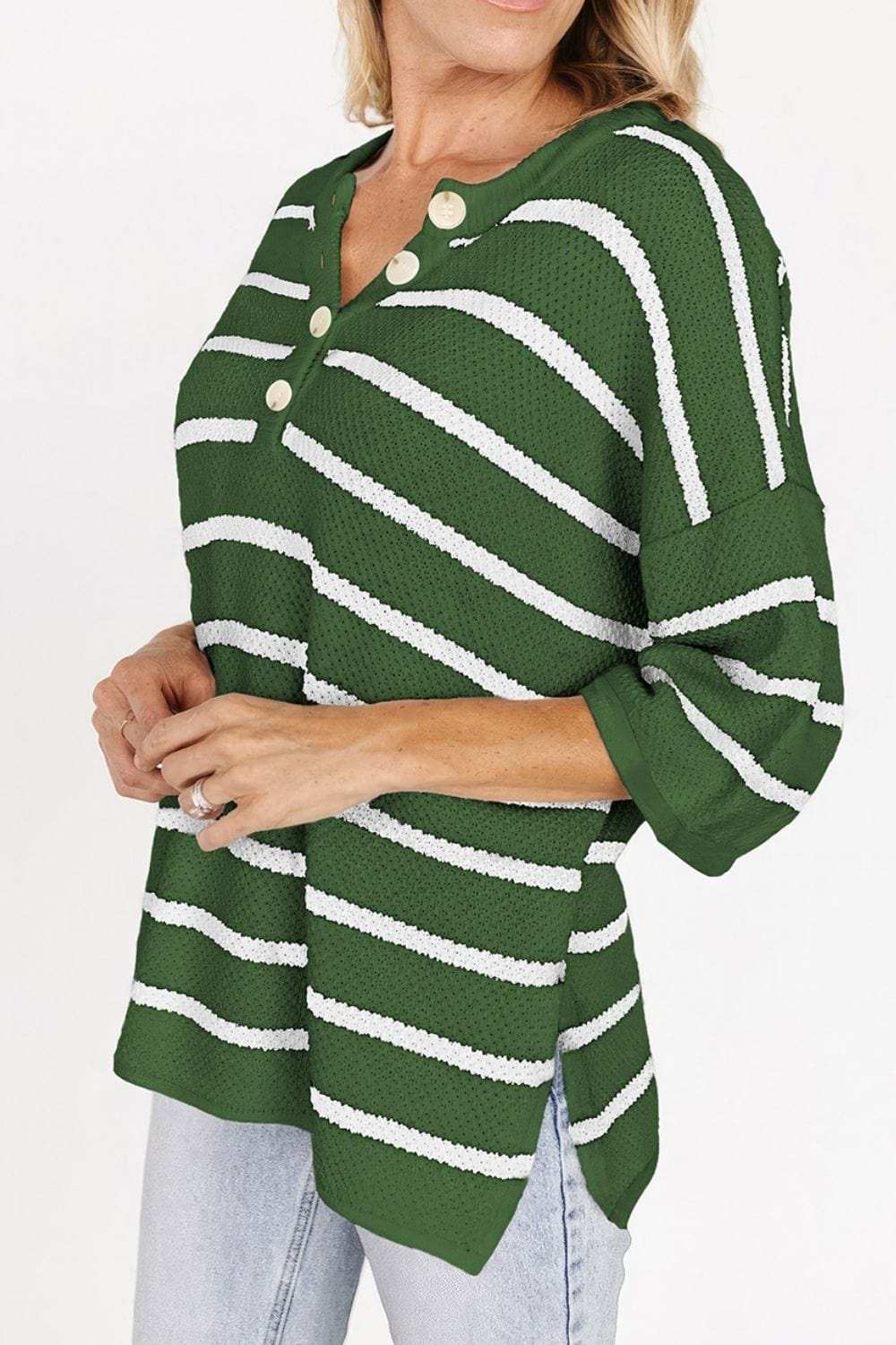 Stripe Drop Shoulder Side Slit Knit Top - Trendsi - Flyclothing LLC