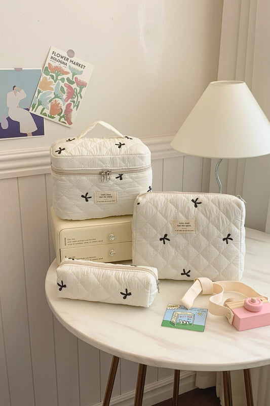3 Piece Bow Quilted Cloth Storage Bag Set - Trendsi
