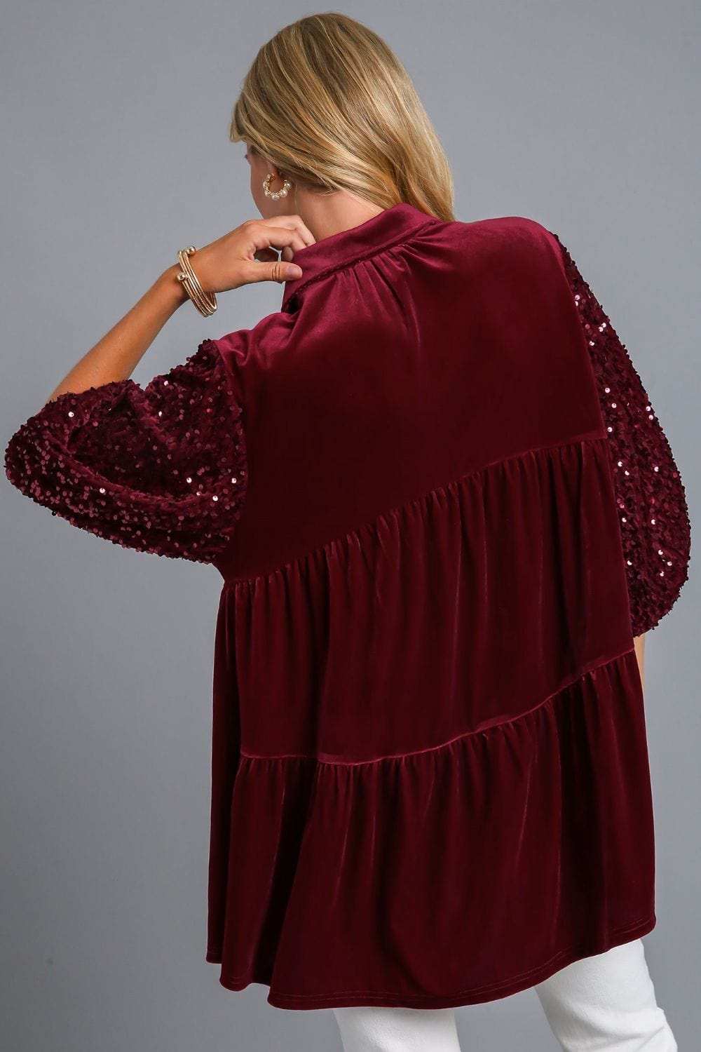 Umgee Sequin Detail Tiered Back Half Sleeve Shirt - Trendsi - Flyclothing LLC