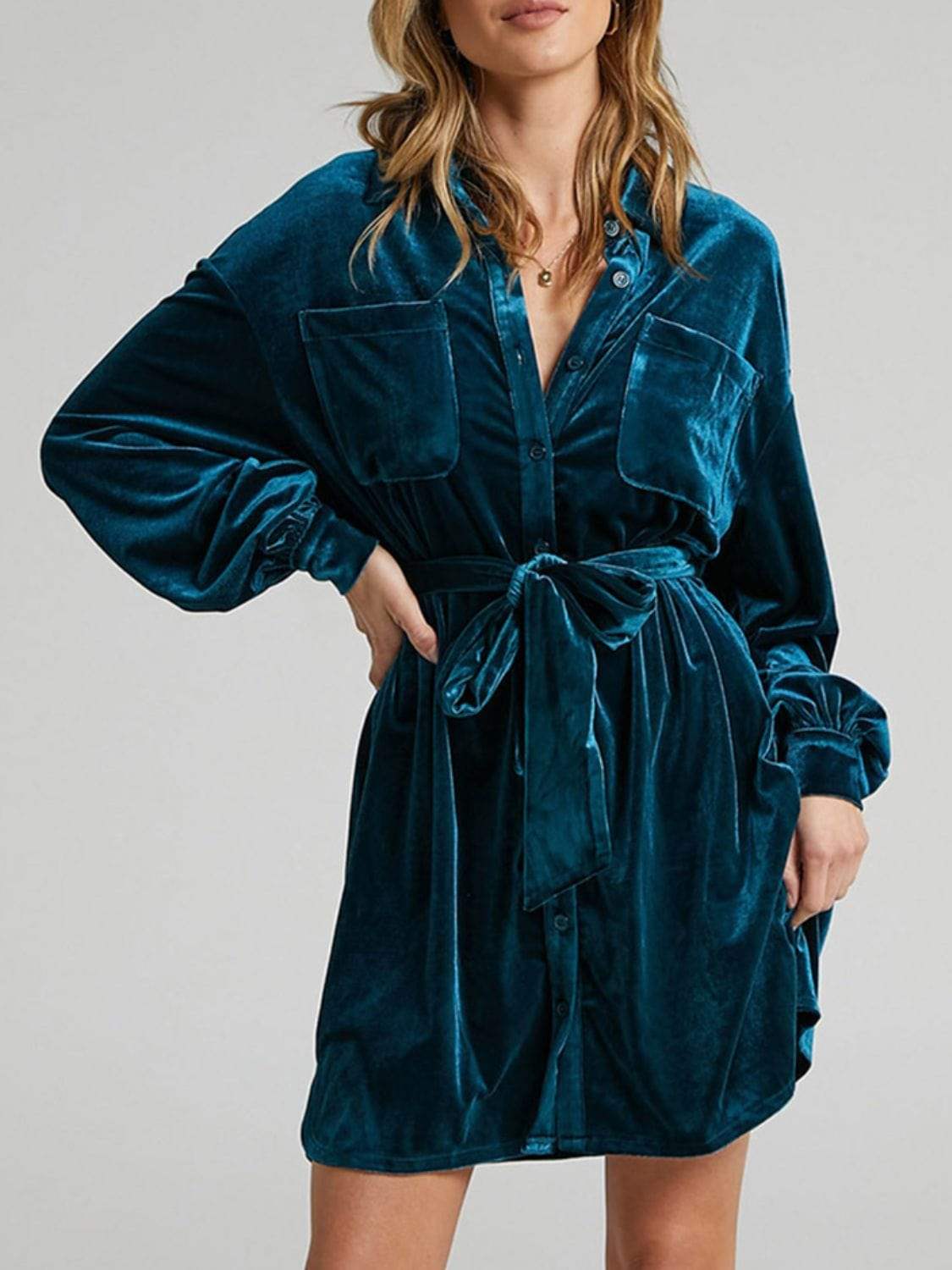 Collared Neck Button Down Long Sleeve Mini Dress - Trendsi - Flyclothing LLC