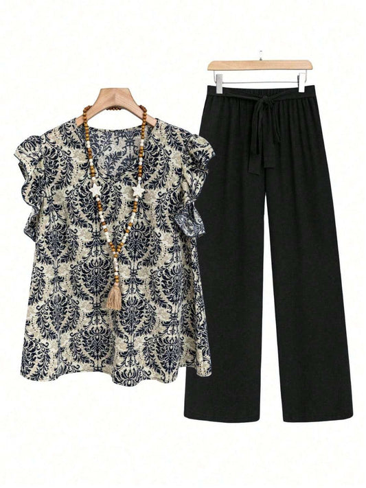 Printed Ruffled Cap Sleeve Top and Pants Set - Trendsi - Flyclothing LLC