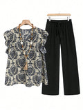 Printed Ruffled Cap Sleeve Top and Pants Set - Trendsi