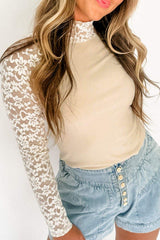 Mock Neck Long Sleeve Lace Patchwork T-Shirt - Trendsi - Flyclothing LLC