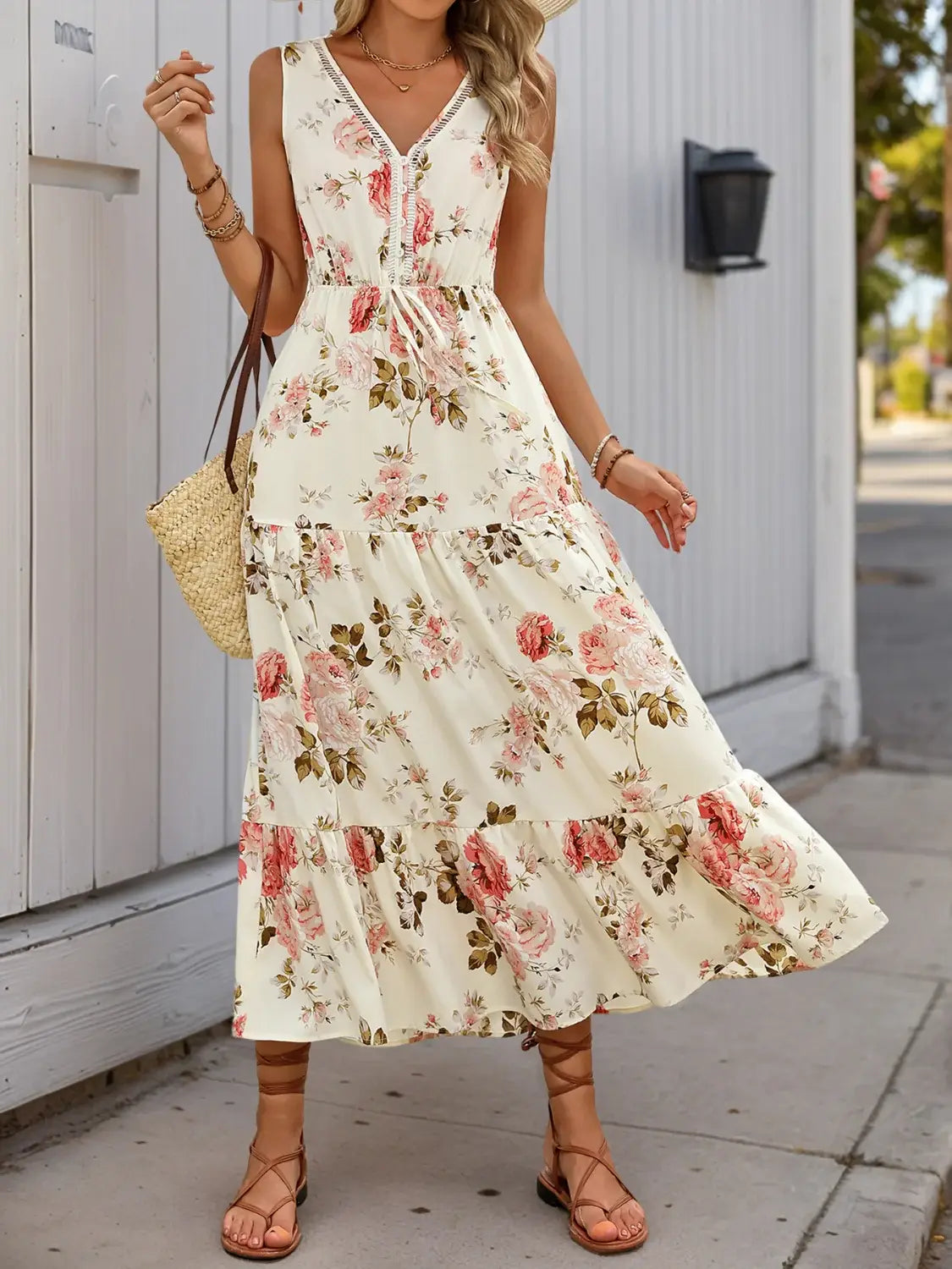Printed Ruffled Hem V-Neck Sleeveless Dress - Trendsi - Flyclothing LLC
