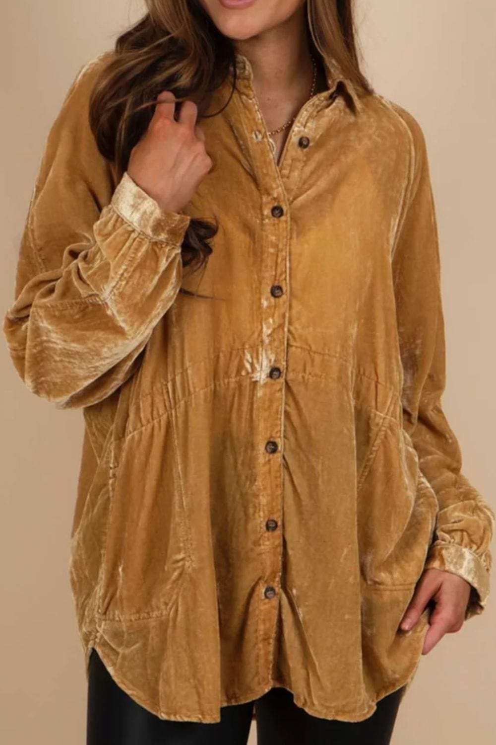 Button Down Loose Fit Velvet Shirt - Trendsi - Flyclothing LLC
