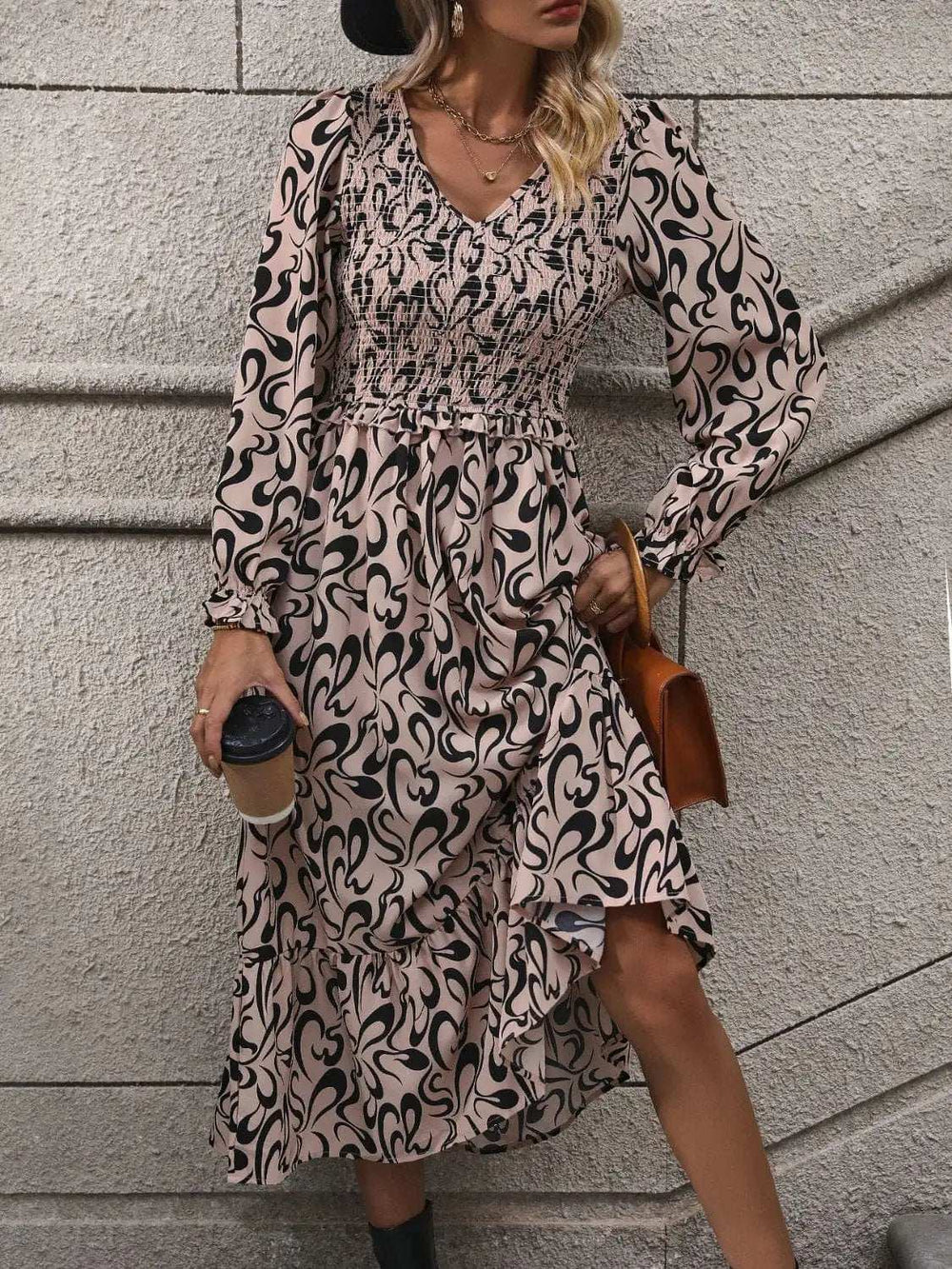 Printed V-Neck Long Sleeve Midi Dress - Trendsi - Flyclothing LLC