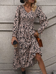 Printed V-Neck Long Sleeve Midi Dress - Trendsi