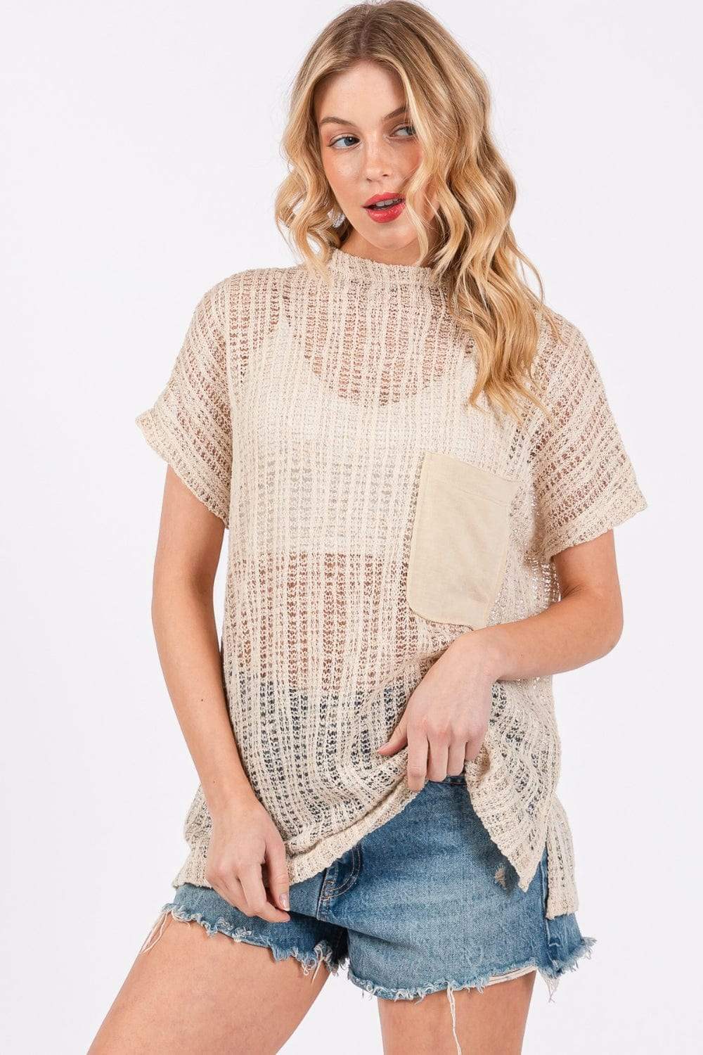 Ces Femme See Through Crochet Mock Neck Cover Up - Trendsi - Flyclothing LLC