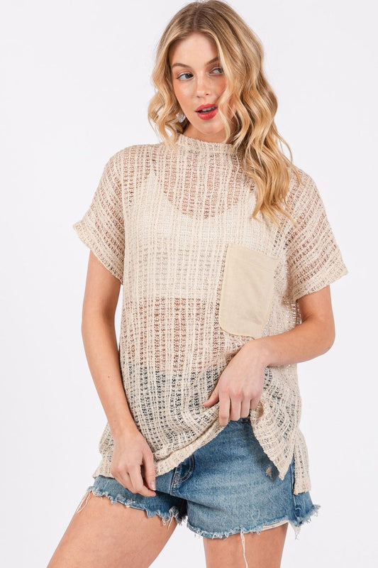 Ces Femme See Through Crochet Mock Neck Cover Up - Trendsi