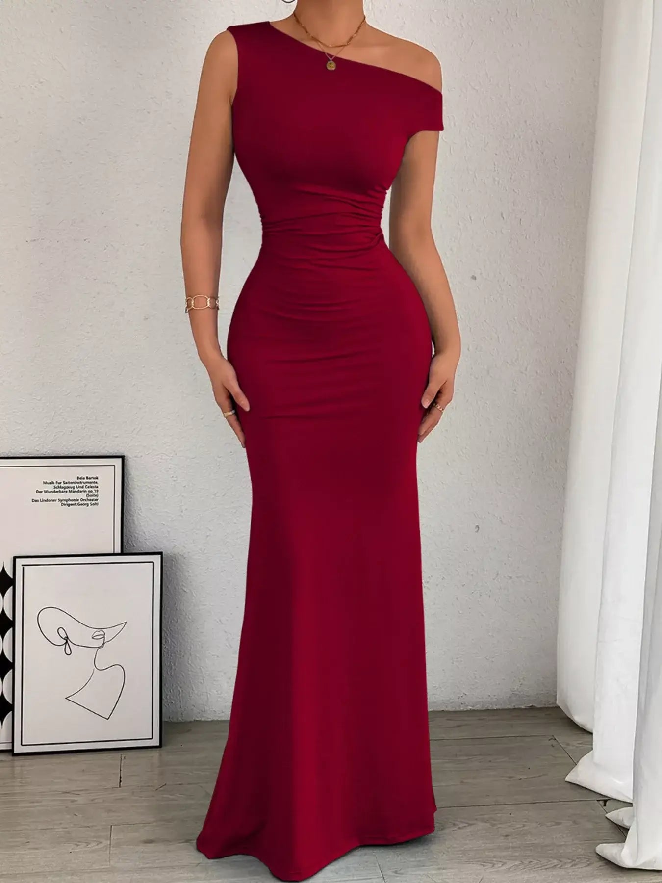 One-Shoulder Ruched Bodycon Maxi Dress - Trendsi - Flyclothing LLC