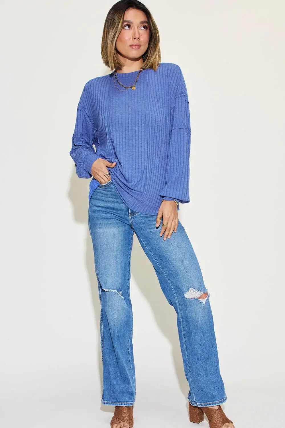 Basic Bae Full Size Ribbed Round Neck Long Sleeve T-Shirt - ShopBasicbae - Flyclothing LLC