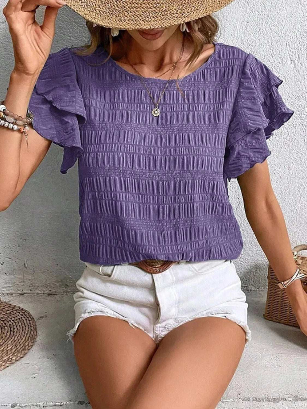 Round Neck Ruffled Short Sleeve Top - Trendsi - Flyclothing LLC