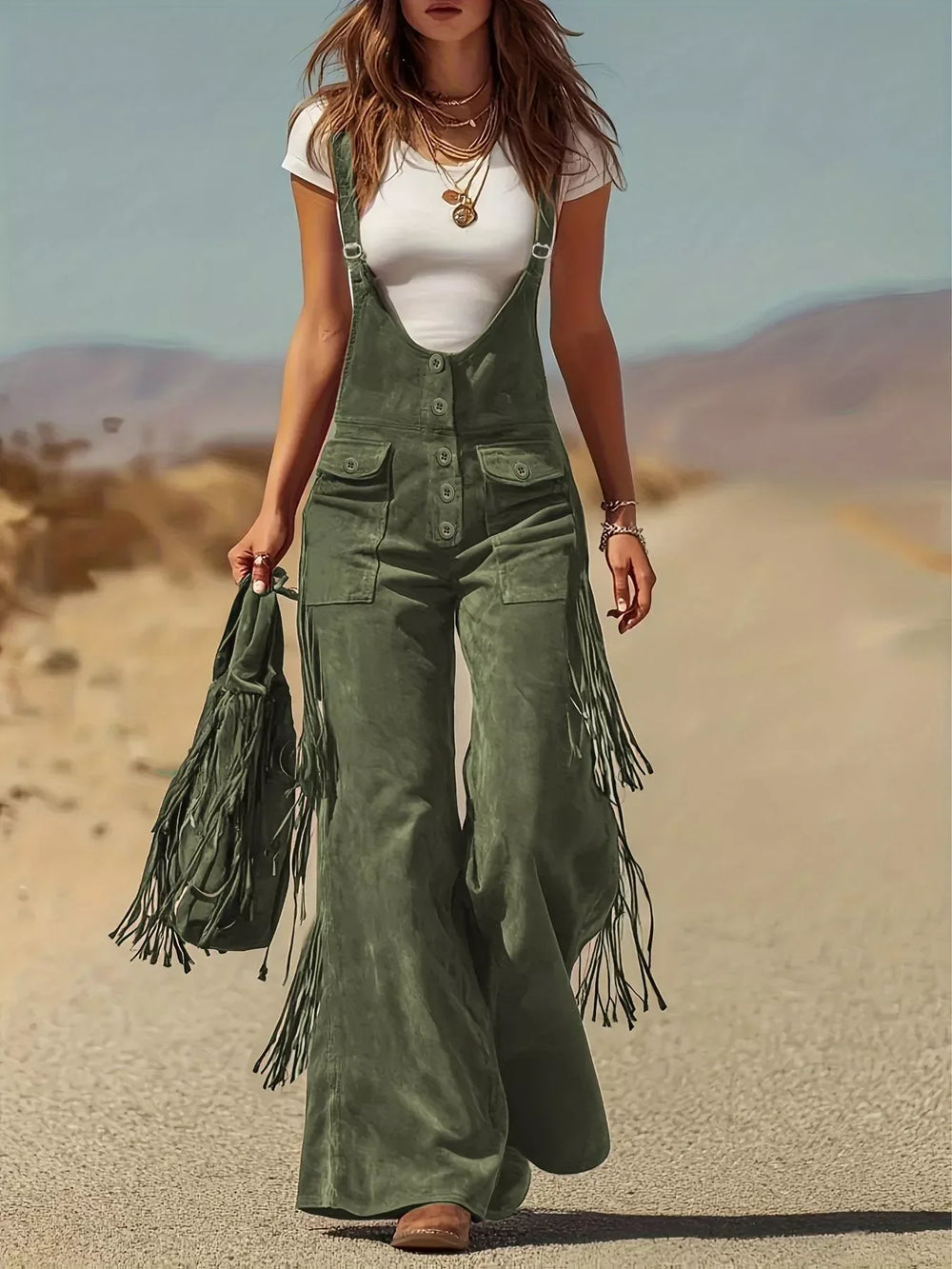 Fringe Corduroy Button Front Overalls - Trendsi - Flyclothing LLC