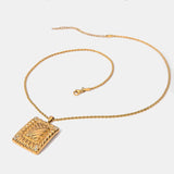 Stainless Steel Inlaid Rhinestone Rectangle Shape Pendant Necklace - Trendsi
