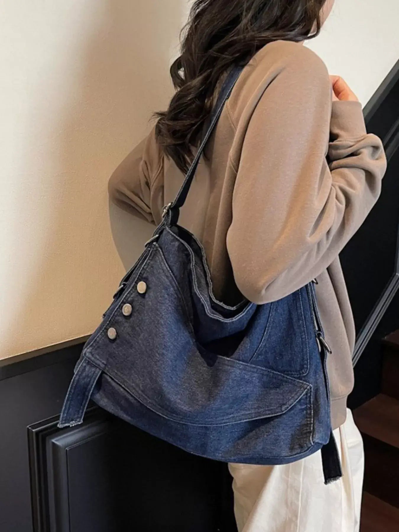 Casual Denim Crossbody Bag with Button Detail - Trendsi - Flyclothing LLC