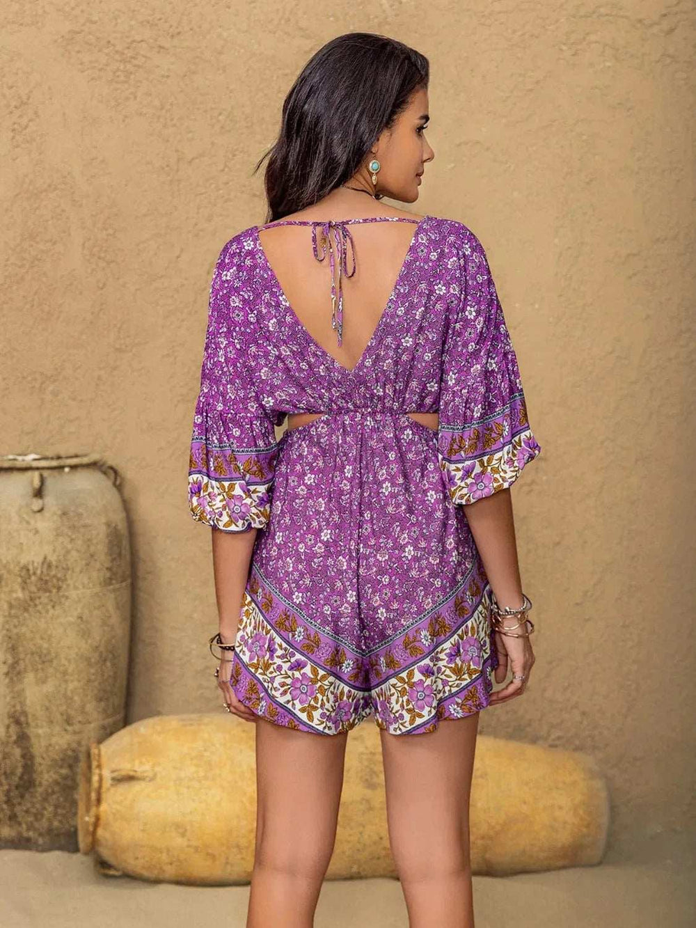 Tied Front Cutout Printed Romper - Trendsi - Flyclothing LLC