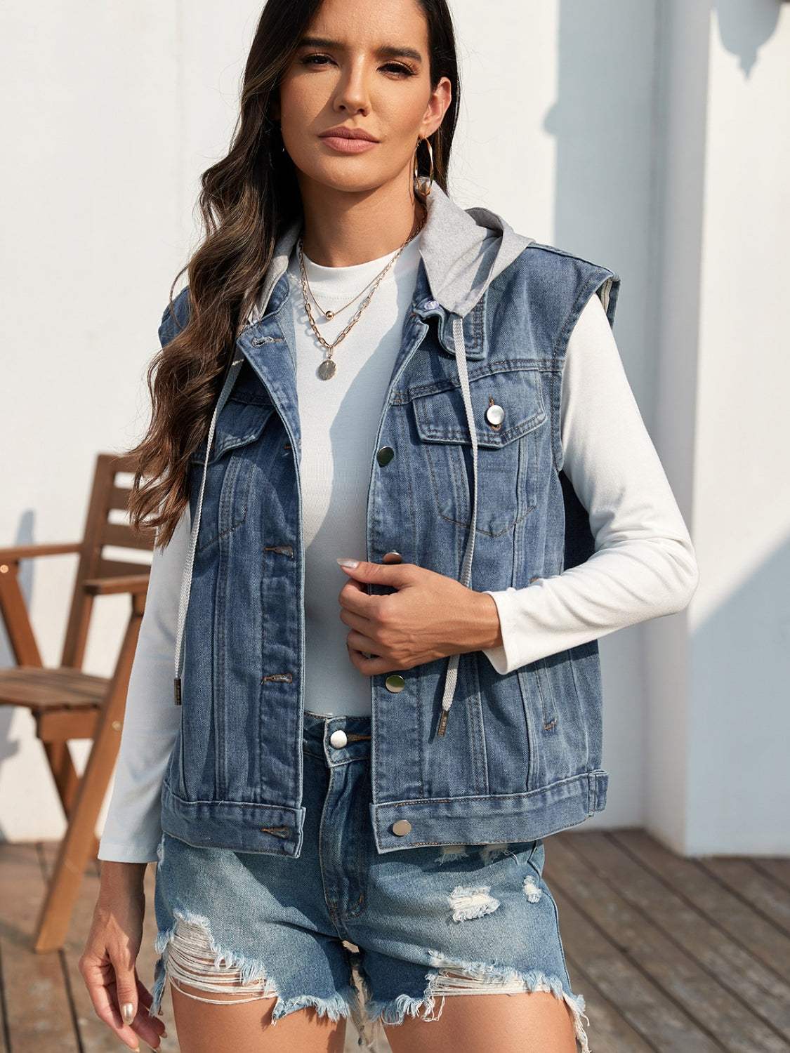 Pocketed Button Up Hooded Denim Jacket - Trendsi - Flyclothing LLC