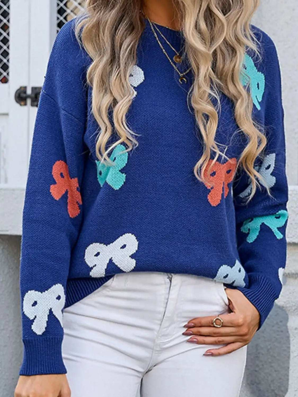 Bow Graphic Round Neck Long Sleeve Sweater - Trendsi - Flyclothing LLC