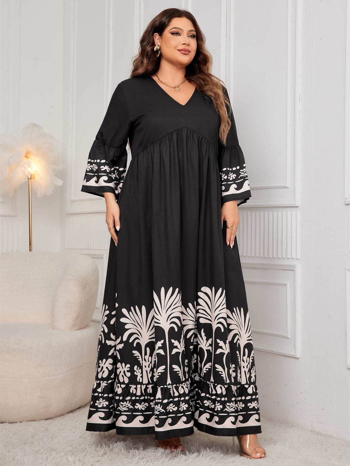 Plus Size Printed V-Neck Long Sleeve Maxi Dress - Trendsi