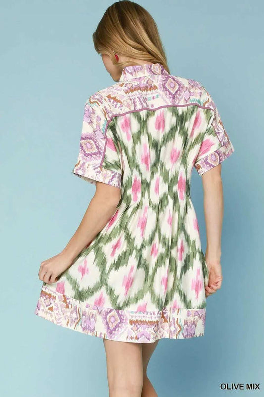 Umgee Ethnic Print Short Sleeve Mini Shirt Dress - Trendsi - Flyclothing LLC