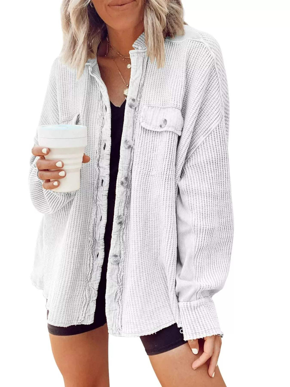 Oversized Waffle Knit Button-Up Jacket - Trendsi - Flyclothing LLC