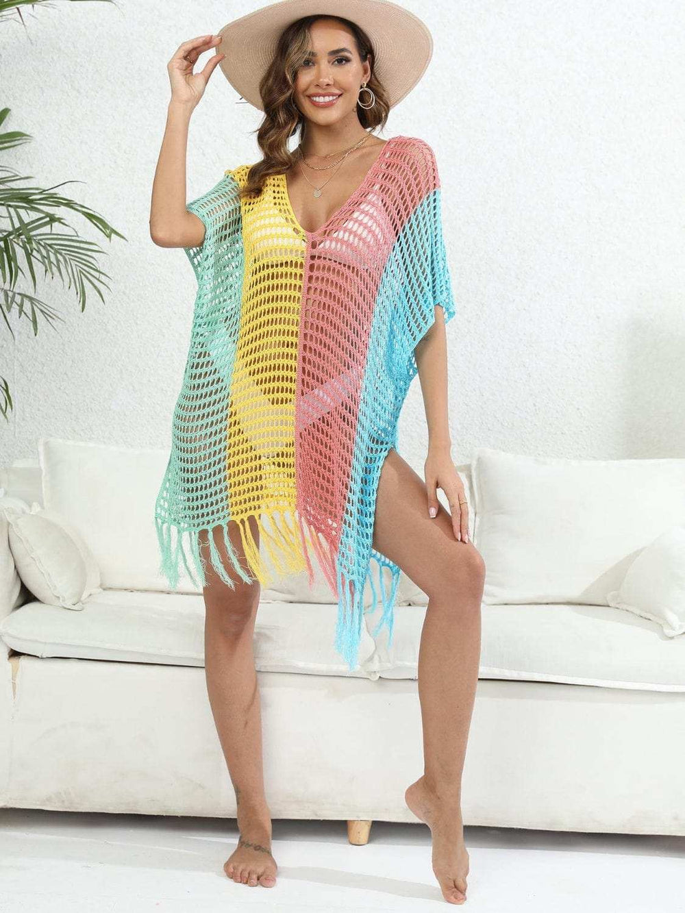 Fringe Color Block Scoop Neck Cover Up - Trendsi - Flyclothing LLC