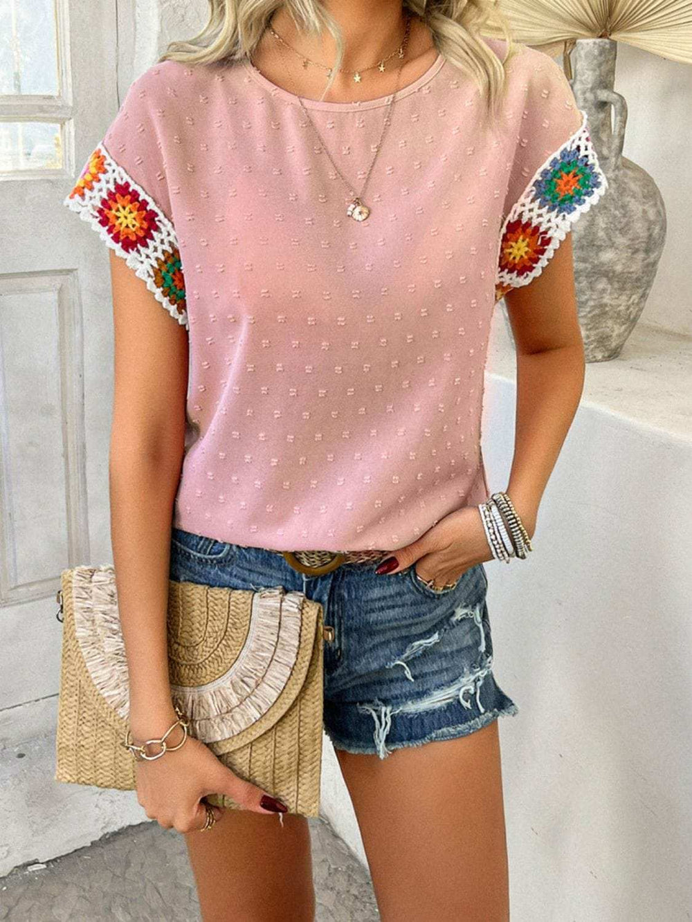 Devine Swiss Dot Round Neck Crochet Short Sleeve Top - Trendsi - Flyclothing LLC