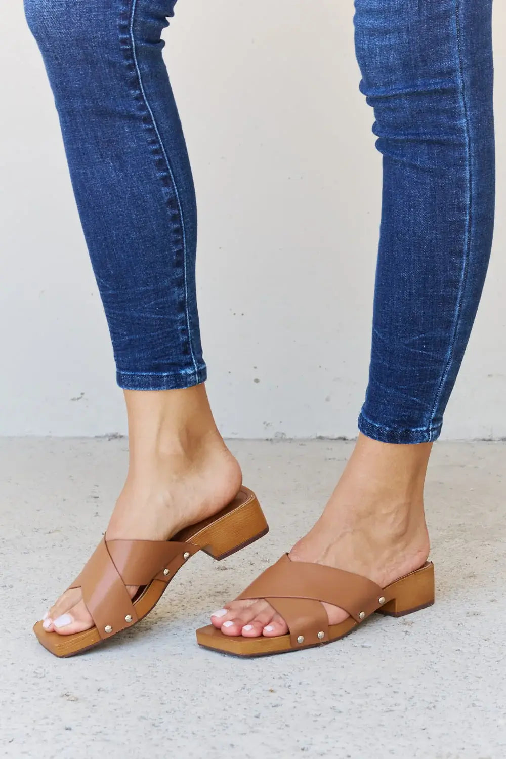 Weeboo Step Into Summer Criss Cross Wooden Clog Mule in Brown - Trendsi - Flyclothing LLC