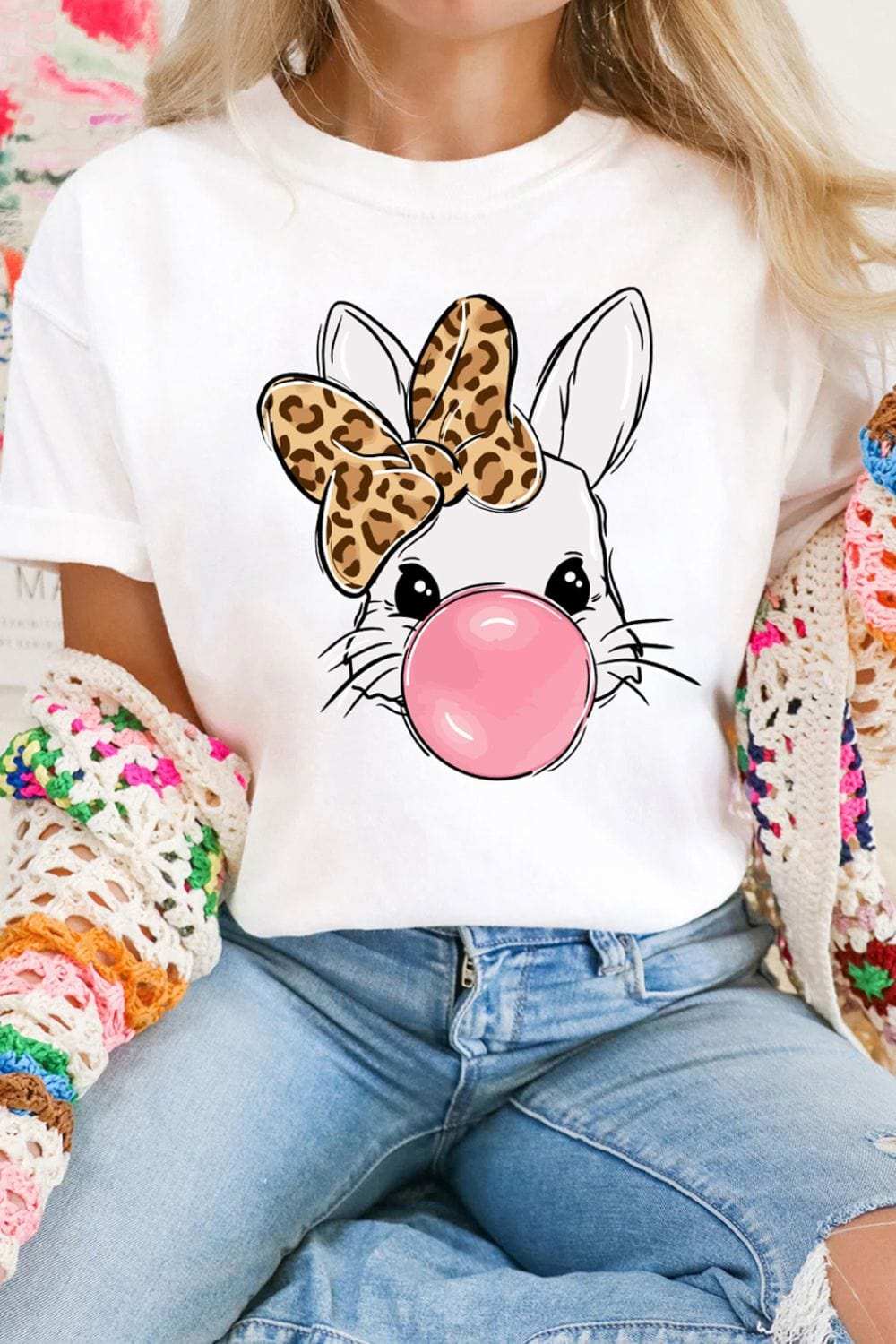 Leopard Bow Rabbit Graphic Round Neck Short Sleeve T-Shirt - Trendsi - Flyclothing LLC