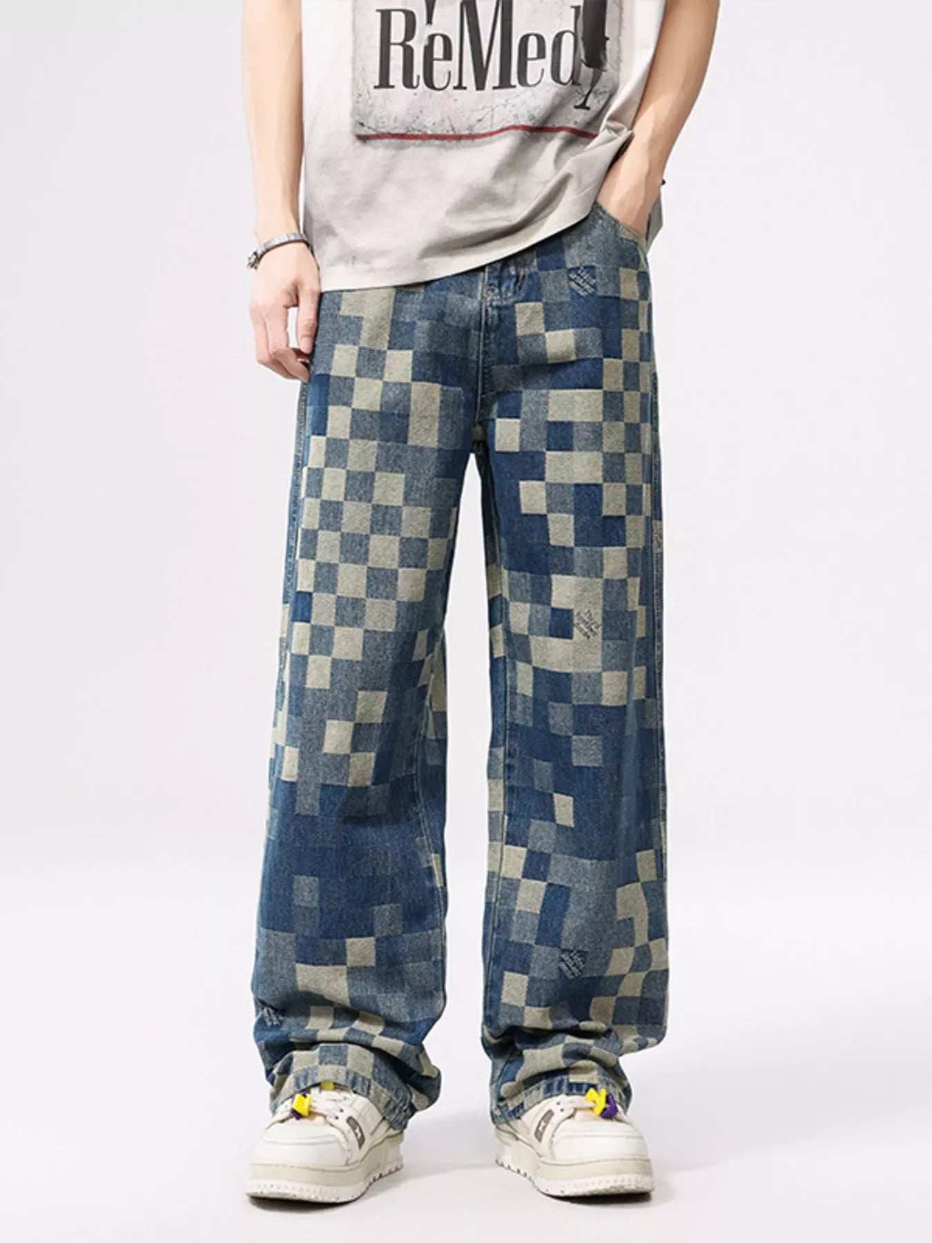 Men's Checkered Wide Leg Jeans - Trendsi - Flyclothing LLC