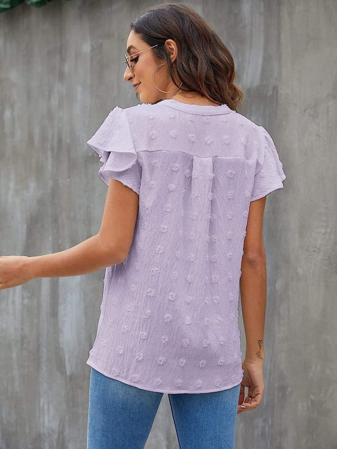 Swiss Dot Notched Cap Sleeve Blouse - Trendsi - Flyclothing LLC