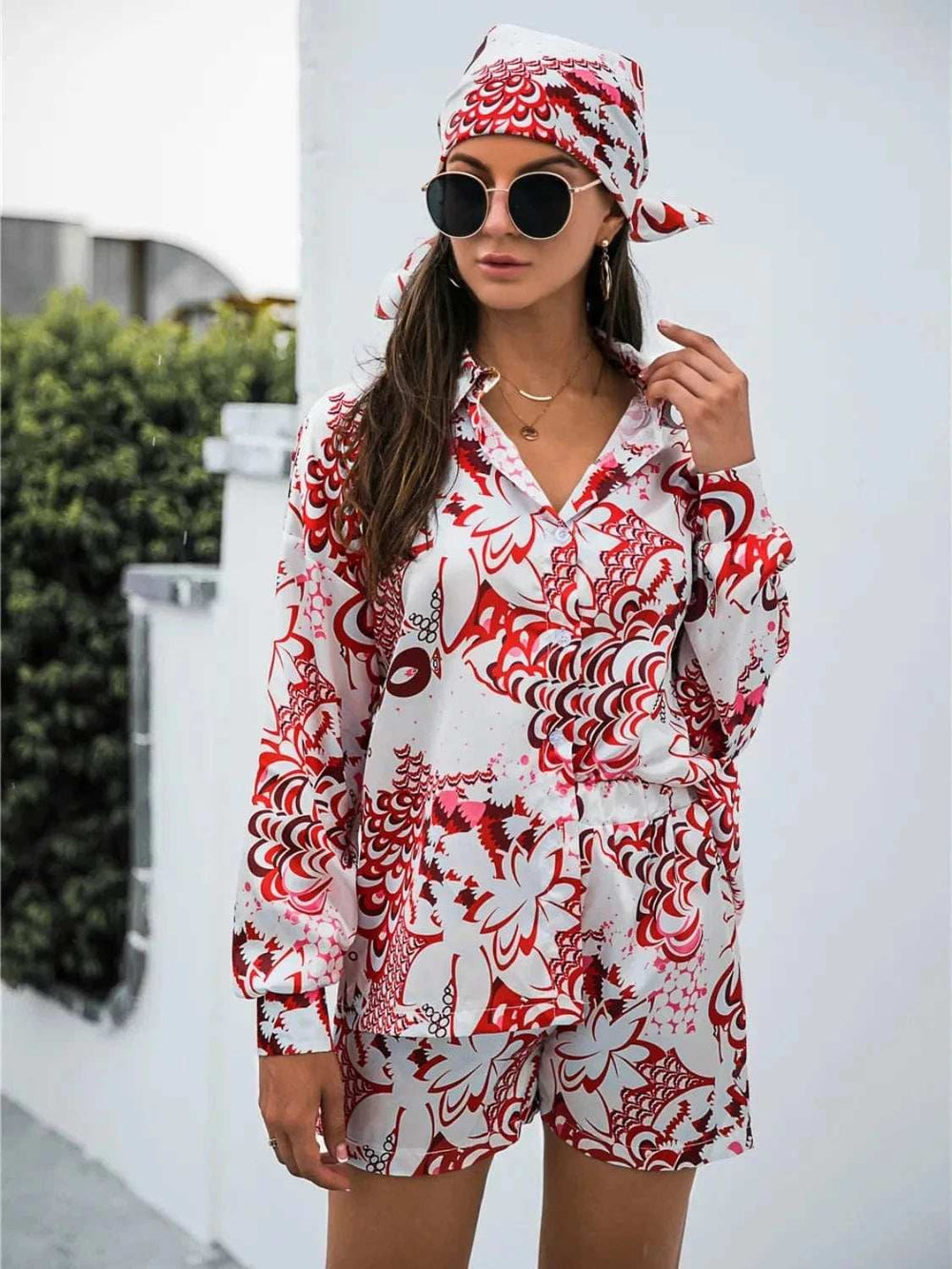 Printed Button Up Long Sleeve Shirt and Shorts Set - Trendsi - Flyclothing LLC