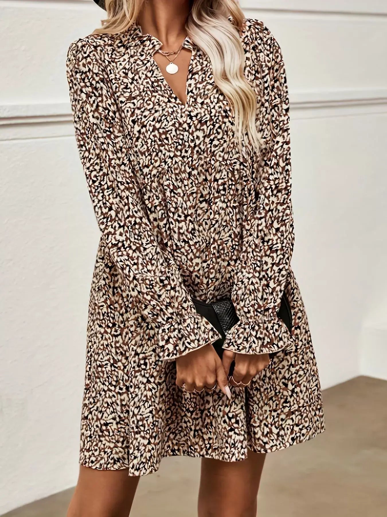Notched Flounce Sleeve Mini Dress - Trendsi - Flyclothing LLC