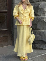 Tie Front Peplum Top and Skirt Set - Trendsi - Flyclothing LLC