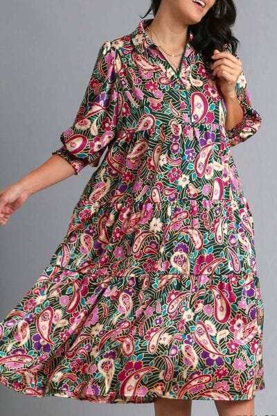 Umgee Full Size Paisley Print Satin Tiered Midi Dress Plus Size - Trendsi - Flyclothing LLC