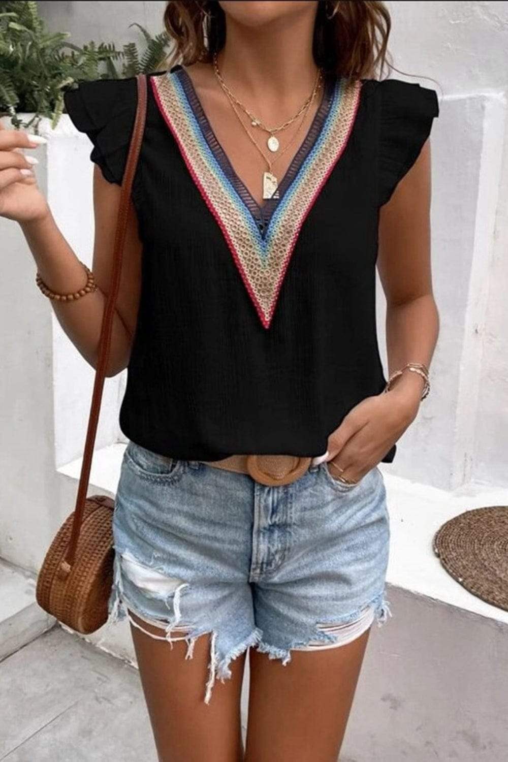 Full Size Ruffled V-Neck Cap Sleeve Blouse - Trendsi - Flyclothing LLC