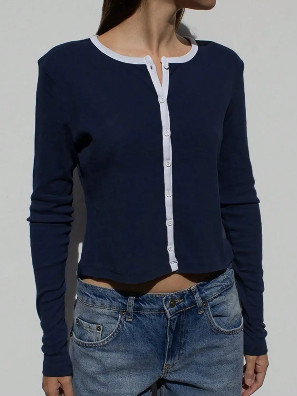 Devine Button Down Contrast Trim Round Neck Long Sleeve Shirt - Trendsi - Flyclothing LLC