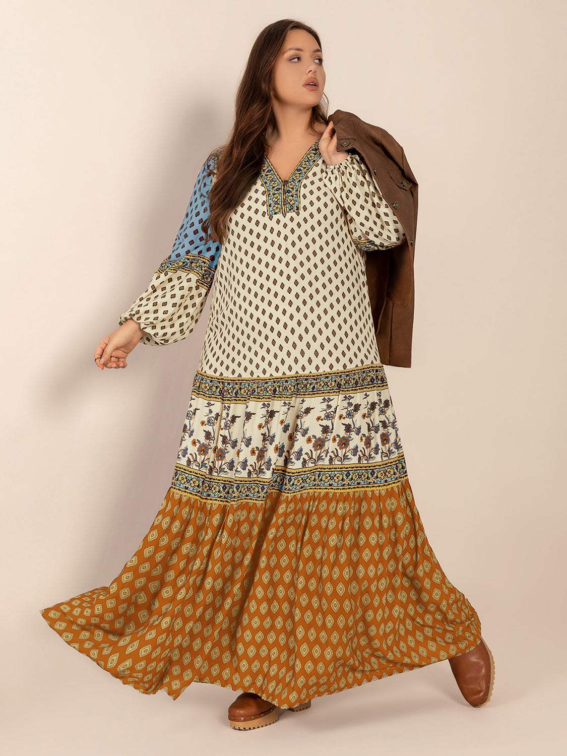 Plus Size Printed V-Neck Balloon Sleeve Maxi Dress - Trendsi - Flyclothing LLC