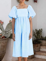 Plaid Square Neck Short Sleeve Dress - Trendsi - Flyclothing LLC