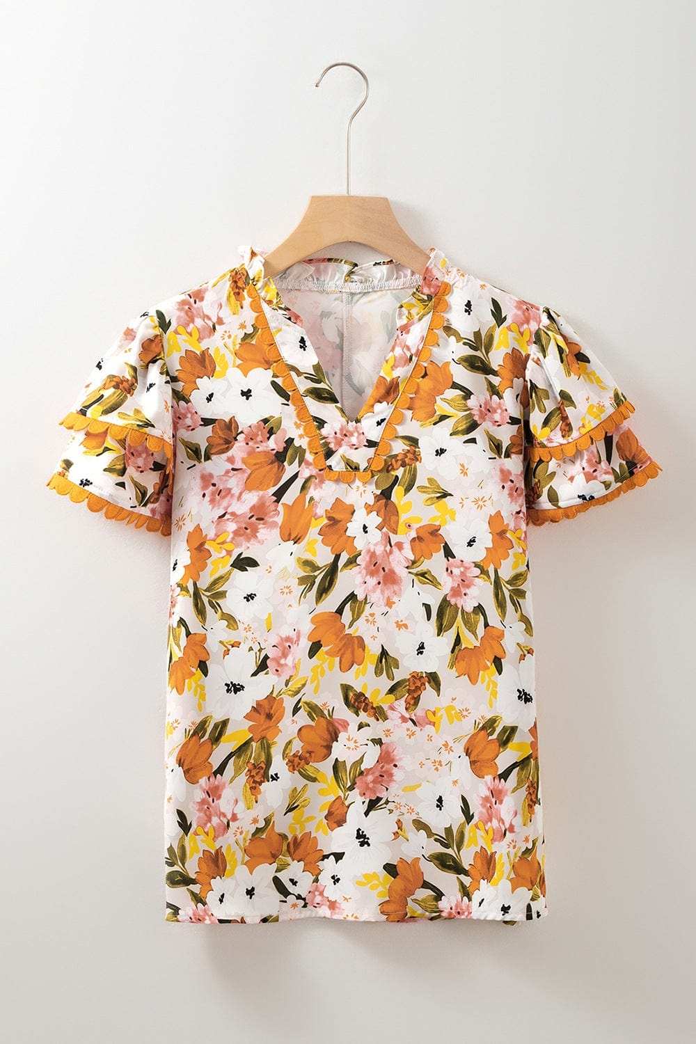 Ruffled Notched Short Sleeve Floral Blouse - Trendsi - Flyclothing LLC
