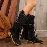 Fringe Point Toe Block Heels Boots - Trendsi - Flyclothing LLC