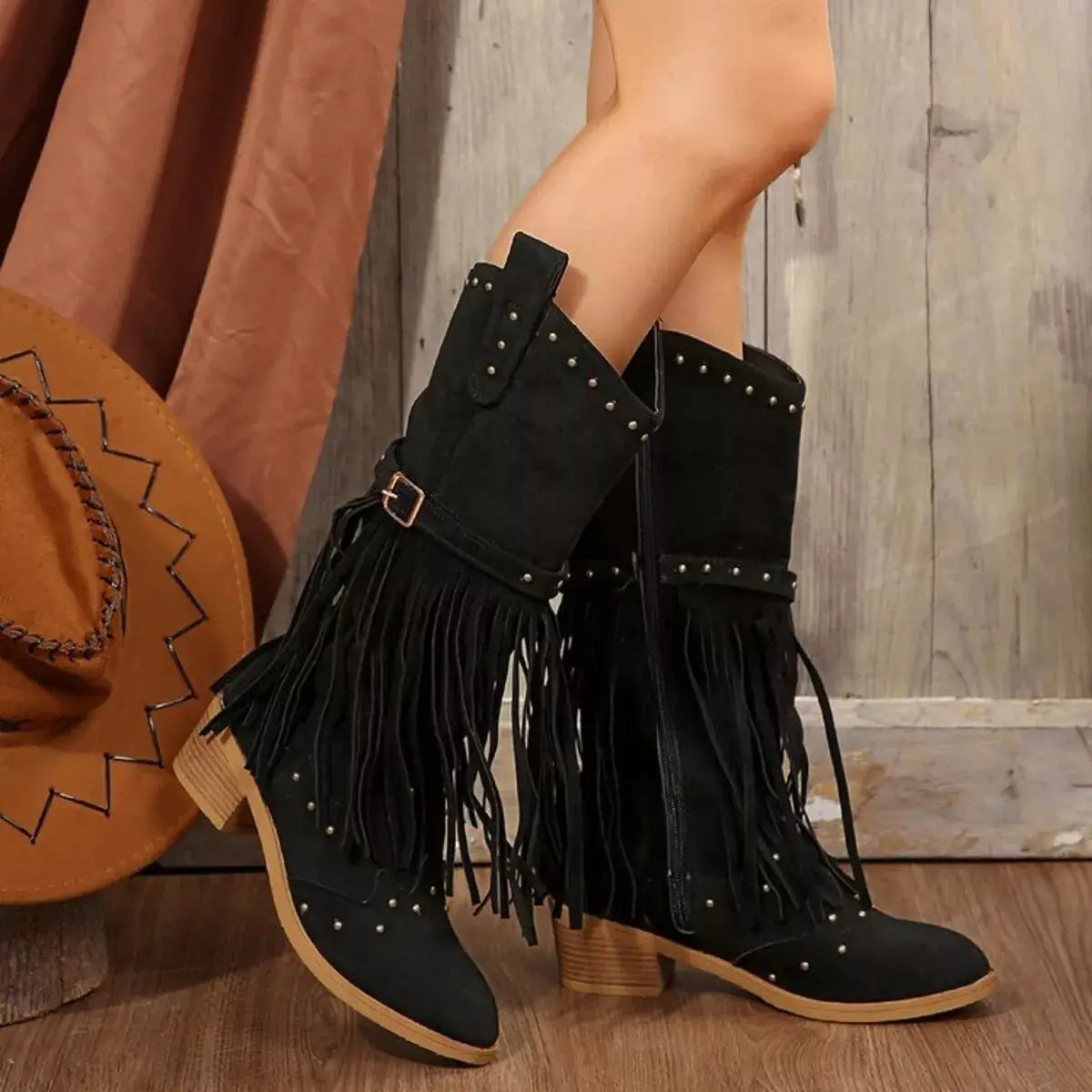 Fringe Point Toe Block Heels Boots - Trendsi - Flyclothing LLC