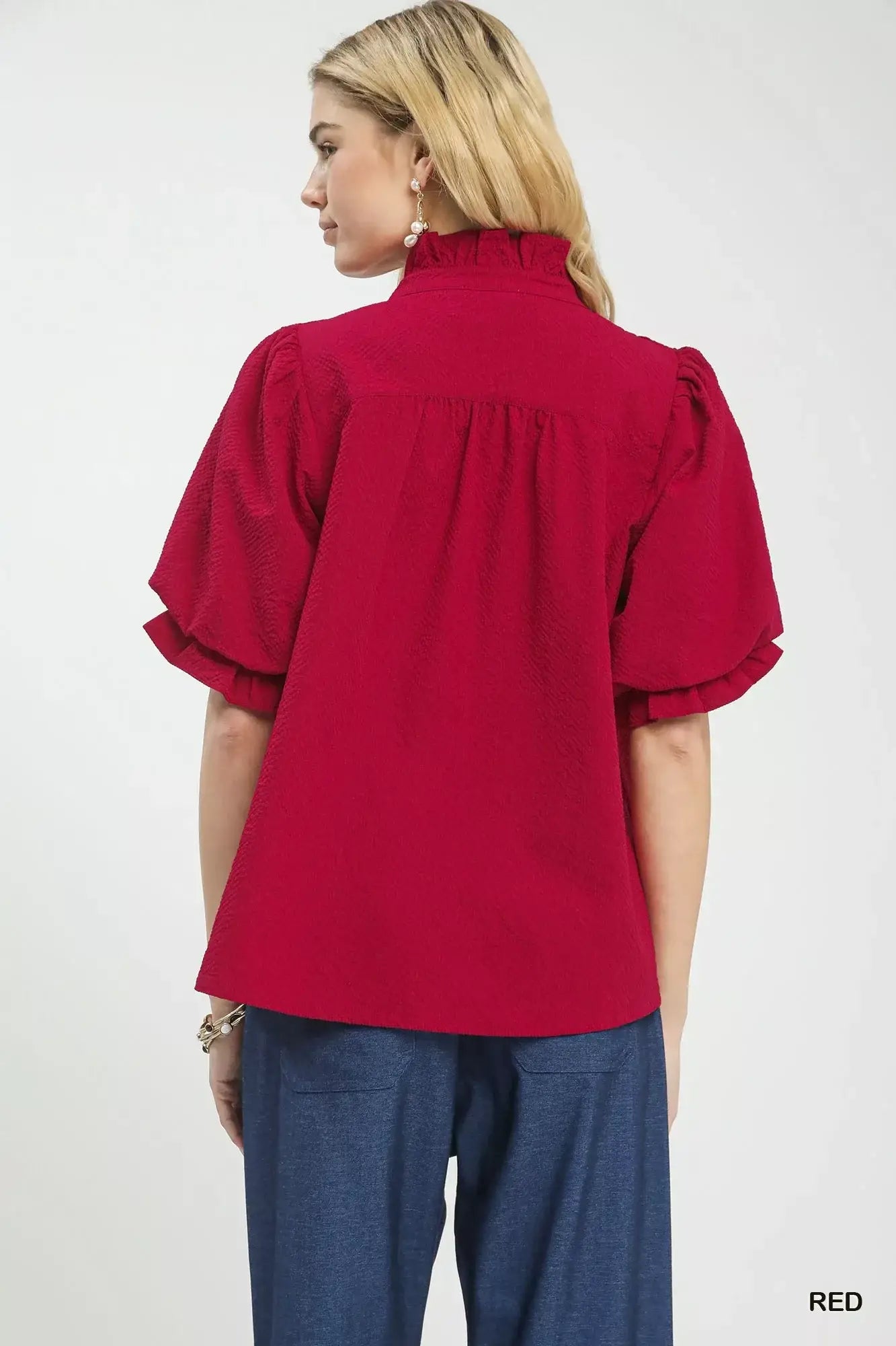 Umgee Textured Smocked Yoke Split-Neck Top - Trendsi - Flyclothing LLC