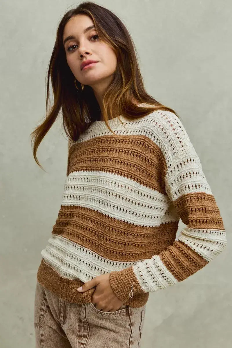 SO ME Openwork Round Neck Wide Stripe Textured Sweater - Trendsi - Flyclothing LLC