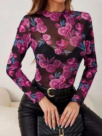 Floral Mock Neck Long Sleeve Top - Trendsi - Flyclothing LLC