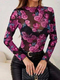 Floral Mock Neck Long Sleeve Top - Trendsi - Flyclothing LLC